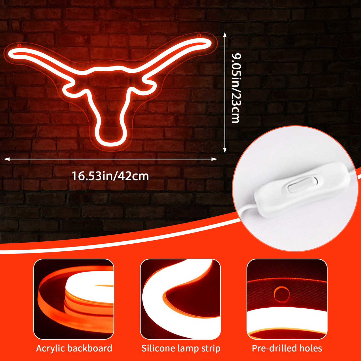 Illumi Hook Em Horns LED Neon Sign